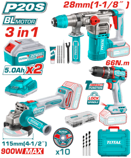 TOTAL CORDLESS 3PCS COMBO KIT | 20V (TOSLI241183)