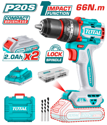 TOTAL COMPACT BRUSHLESS CORDLESS IMPACT DRILL BRUSHLESS MOTOR 66N.M | 20VOLT (TIDLI20668)