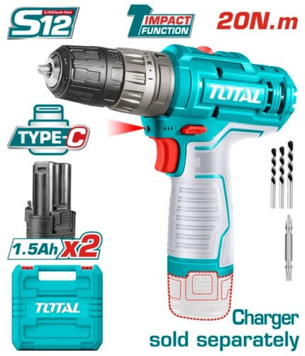 TOTAL CORDLESS IMPACT DRILL LI-ION 12V / 1.5AH / 20NM / 2 BATTERY (TIDLI12202)