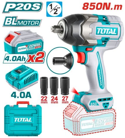 TOTAL CORDLESS IMPACT WRENCH BATTERY LI-ION 20V / 4AH / 850NM / 2 BATTERIES (TIWLI2085)